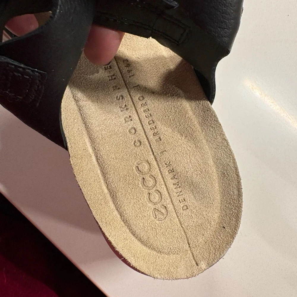 Ecco Black Leather Slides with Tan Footbed